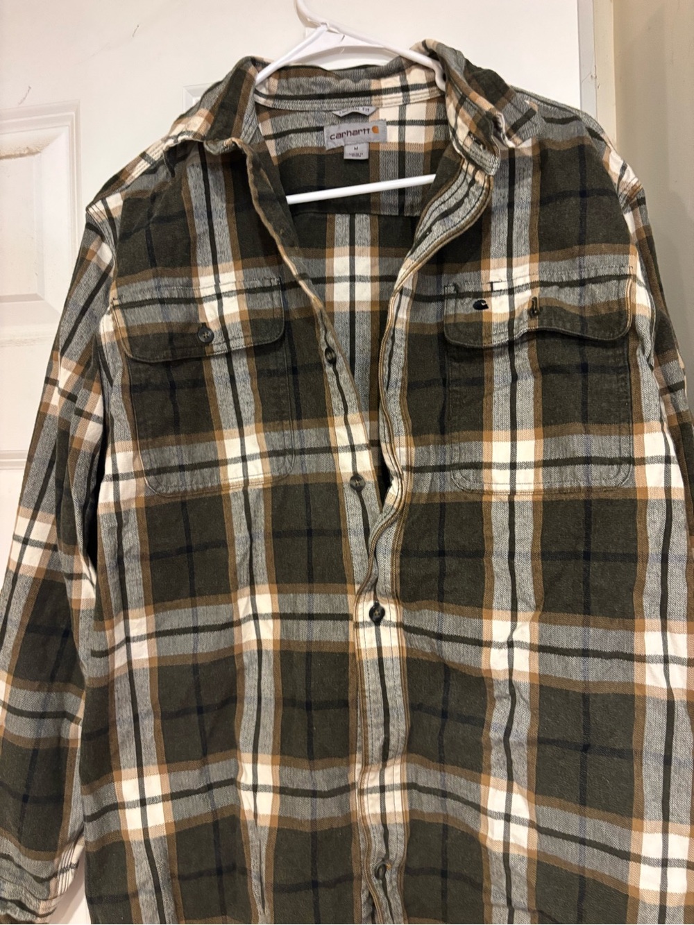 Carhartt Men’s Olive, Tan & White Plaid Button-Down Shirt